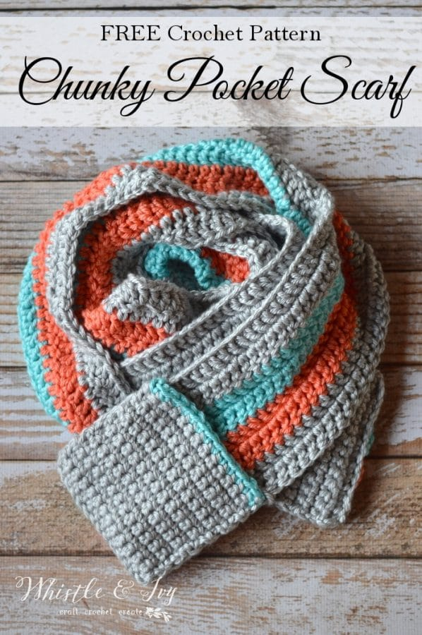 Easy Chunky Striped Crochet Pocket Scarf Free Crochet Pattern 