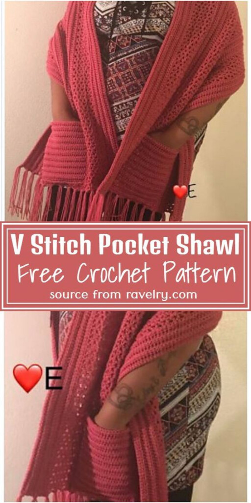 V Stitch Crochet Pocket Shawl Pattern freecrochetpattern crochetshawl 